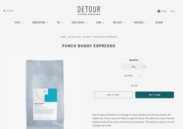 A screenshot of the storefront for Detour Coffee Roasters, built on the Shopify platform