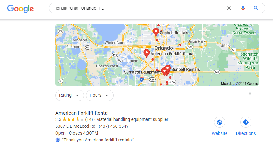 A Google search result for "forklift rental orlando, fl"