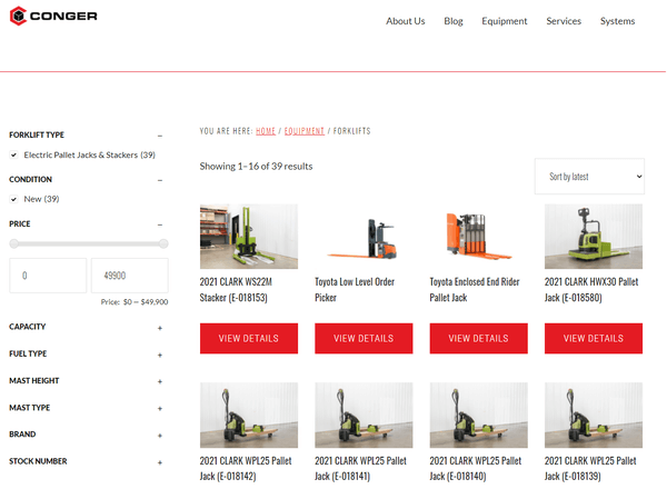 A screenshot showing Conger Industries' pallet jack selection