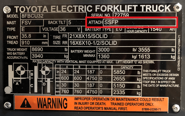 A forklift data plate with the attachment type marked