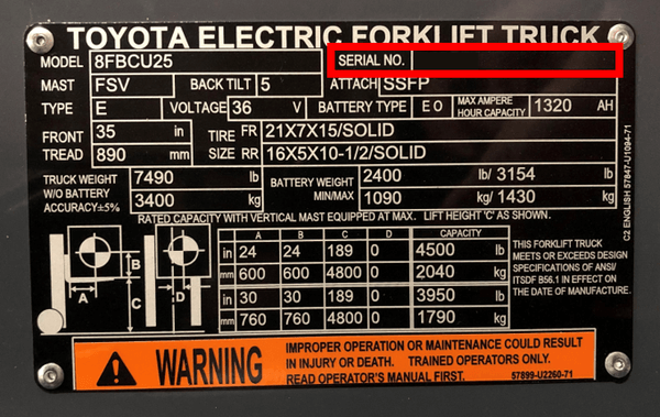 The serial number section of a Toyota forklift data plate