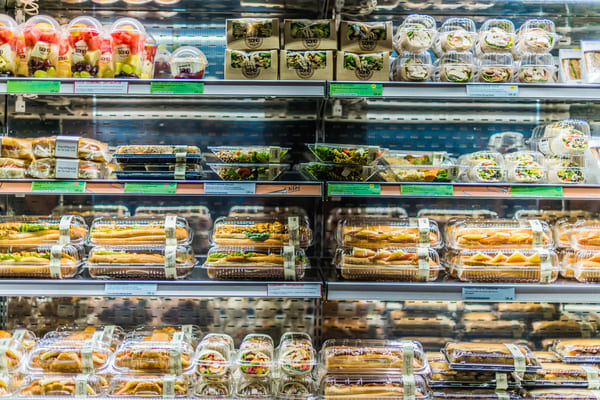 Pre-packaged foods in a refrigerated grocery store display case