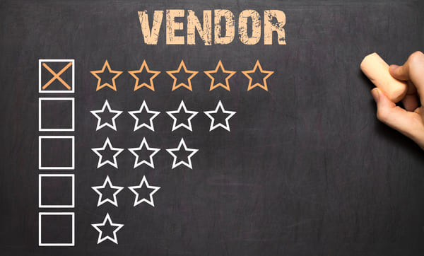 A chalkboard demonstrating vendor ratings by number of stars (5 to 1)