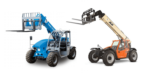 Genie and JLG telehandlers against a white background