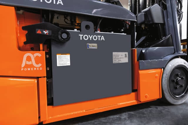 A Toyota 3-wheel electric forklift with a lithium-ion battery
