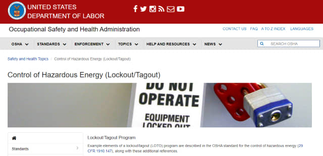 A screenshot of OSHA's main lockout/tagout overview webpage