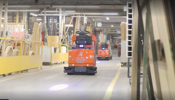 Toyota AGVs delivering supplies in Kolbe Windows & Doors facility