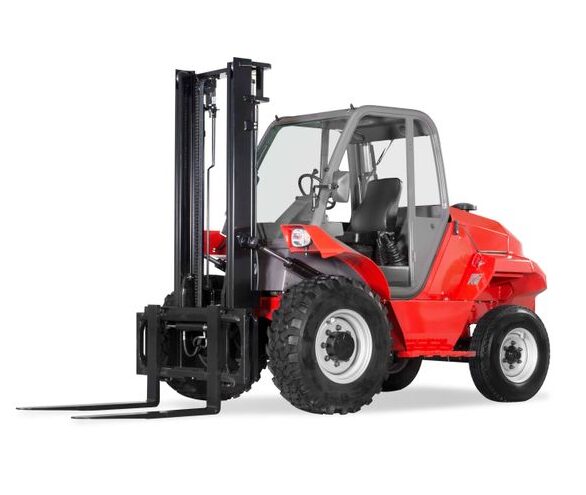 Red tractor-style, straight-mast rough terrain forklift